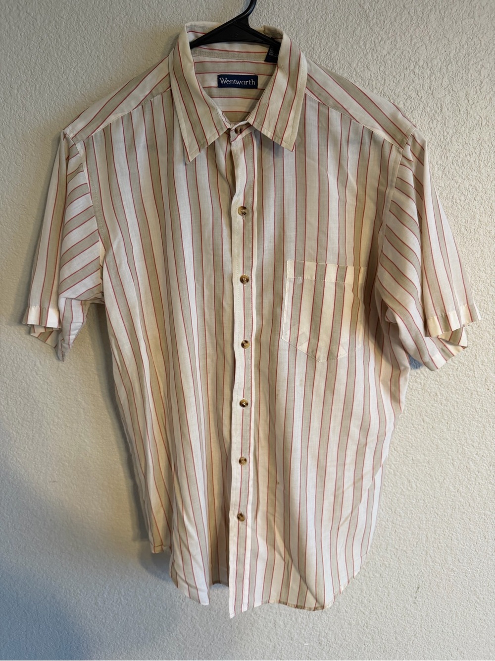 Men's Short Sleeve Cream Button-Up Shirt with Red Stripes